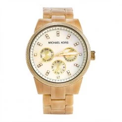 Michael Kors Mother Of Pearl Gold Plated Stainless Steel Horn Resin Jet Set MK-5039 Women's Wristwatch 37 Mm For Women