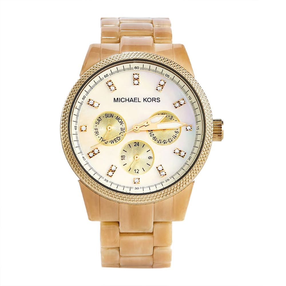 Michael Kors Mother Of Pearl Gold Plated Stainless Steel Horn Resin Jet Set MK-5039 Women's Wristwatch 37 Mm For Women