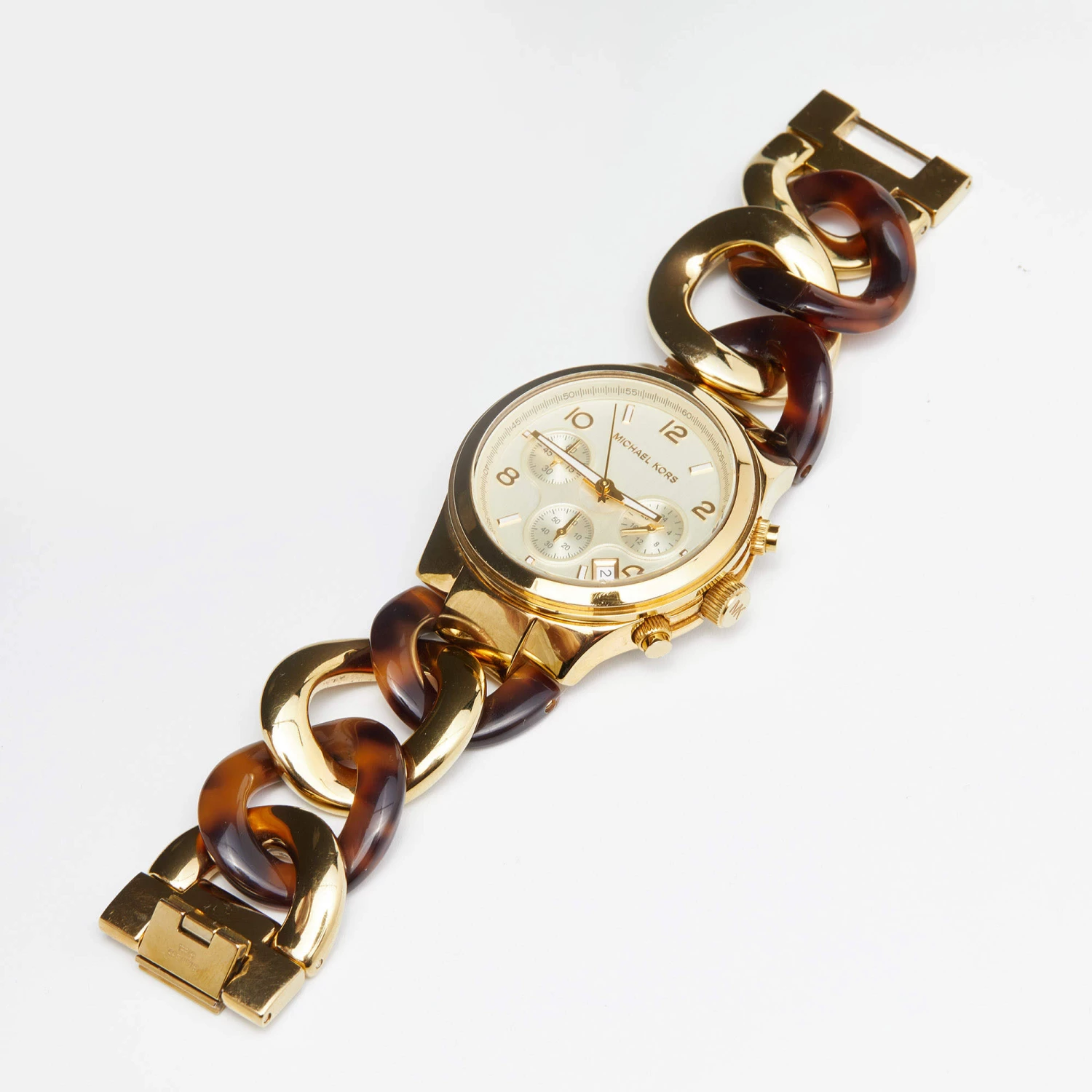 Michael Kors Yellow Gold Plated Stainless Steel Acrylic Chain Link MK4222 Women's Wristwatch 38 Mm For Women - Image 10