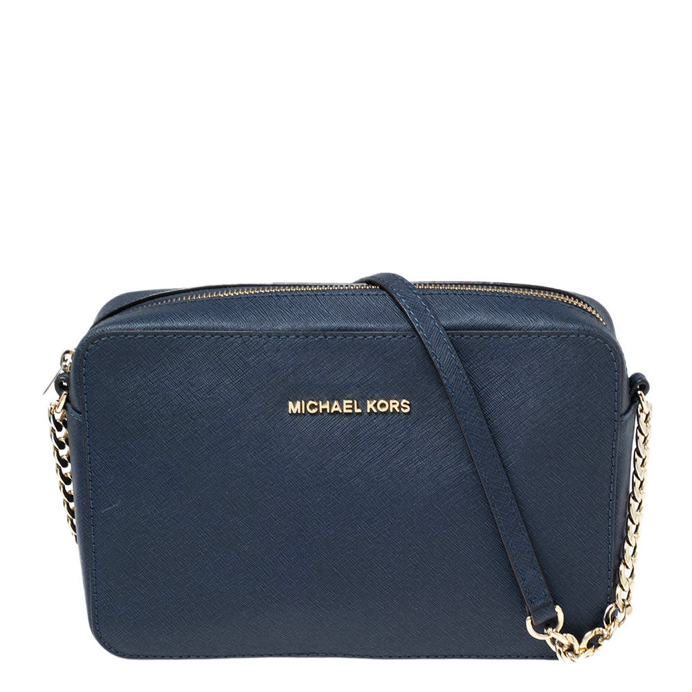 Michael Kors Blue Saffiano Leather Jet Set Camera Crossbody Bag For Women