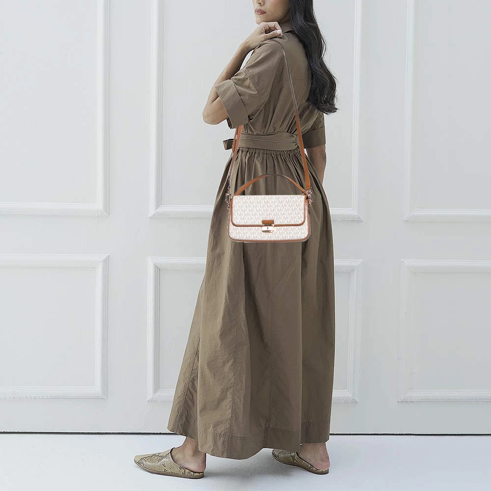 Michael Kors White/Brown Signature Canvas And Leather Bradshaw Logo Convertible Shoulder Bag For Women - Image 2