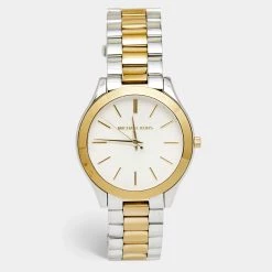 Michael Kors White Two-Tone Stainless Steel Slim Runway MK3198 Unisex Wristwatch 40 Mm For Women