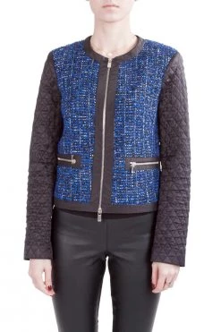 Michael Kors Michael Kors Blue And Black Tweed Quilted Sleeve Detail Zip Front Jacket S For Women